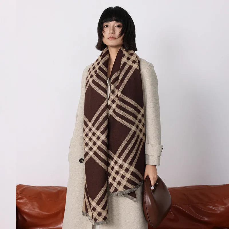 Qianjin imitation cashmere scarf in brown with tassel detailing, 185cm long and 65cm wide