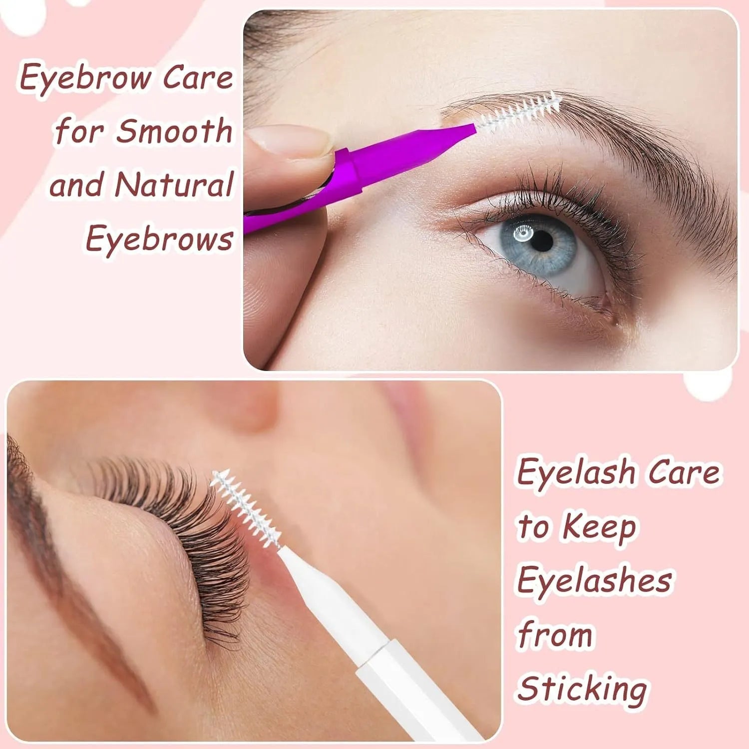 Micro eyebrow and lash brush set with caps in five colours including black and purple, with spoolies and angled brushes
