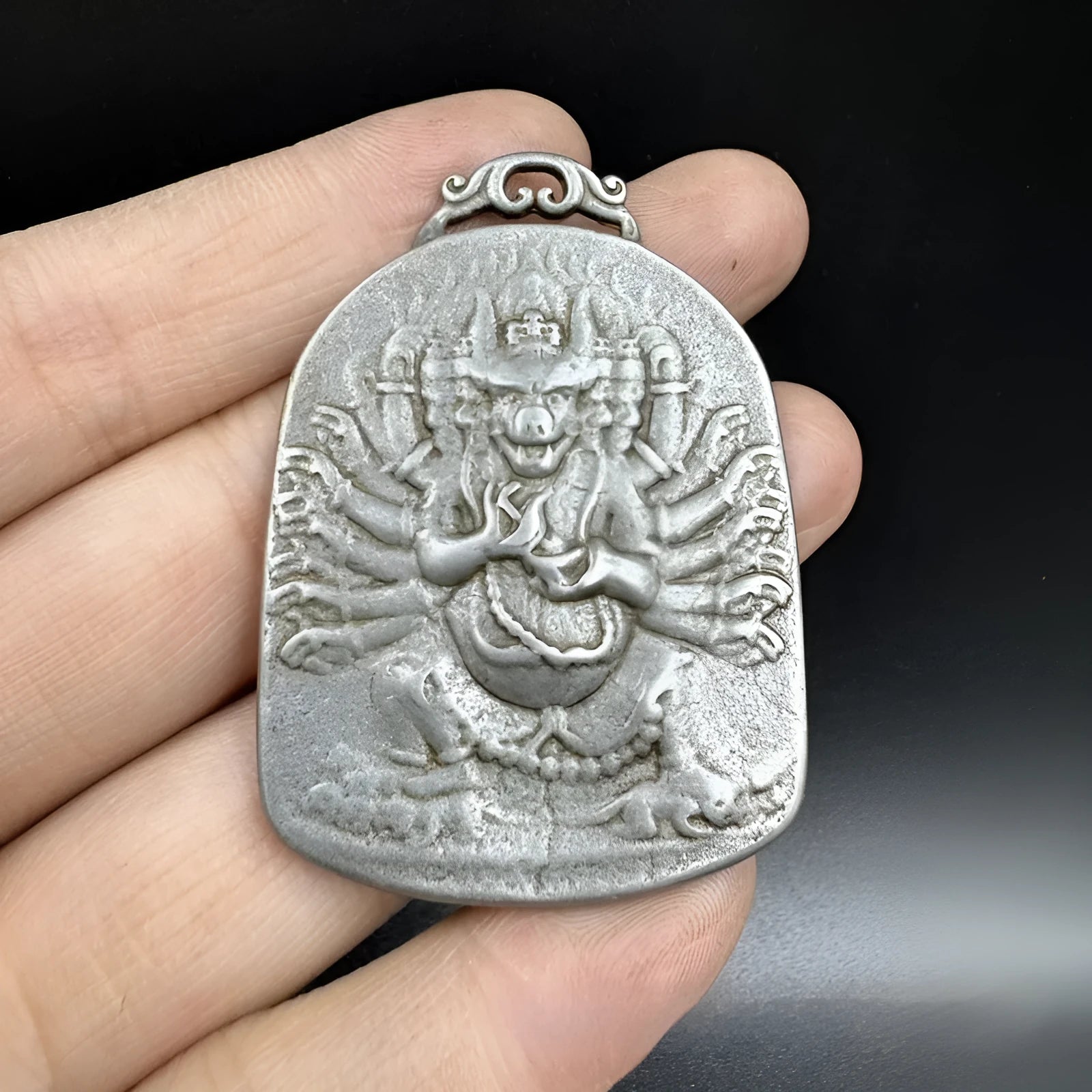 Iron metal pendant ornament with Yamantaka Aryaacalanatha Chinese style geometric design