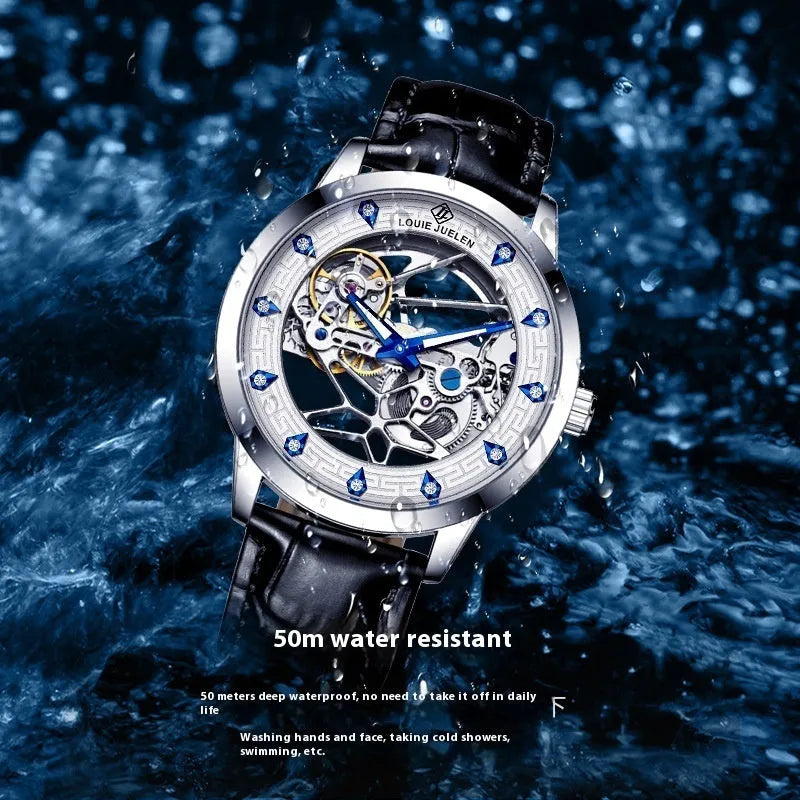 Men's silver mechanical watch with white dial, blue hands, and brown leather strap
