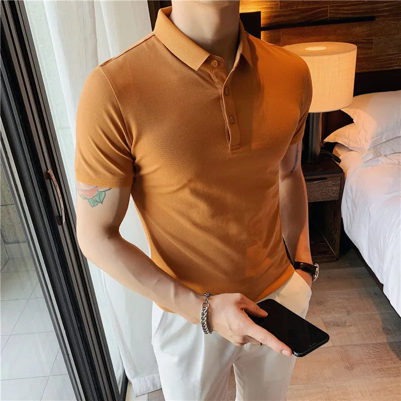 Solid colour polo shirt with lapel collar and short sleeves in cotton blend, summer colour options