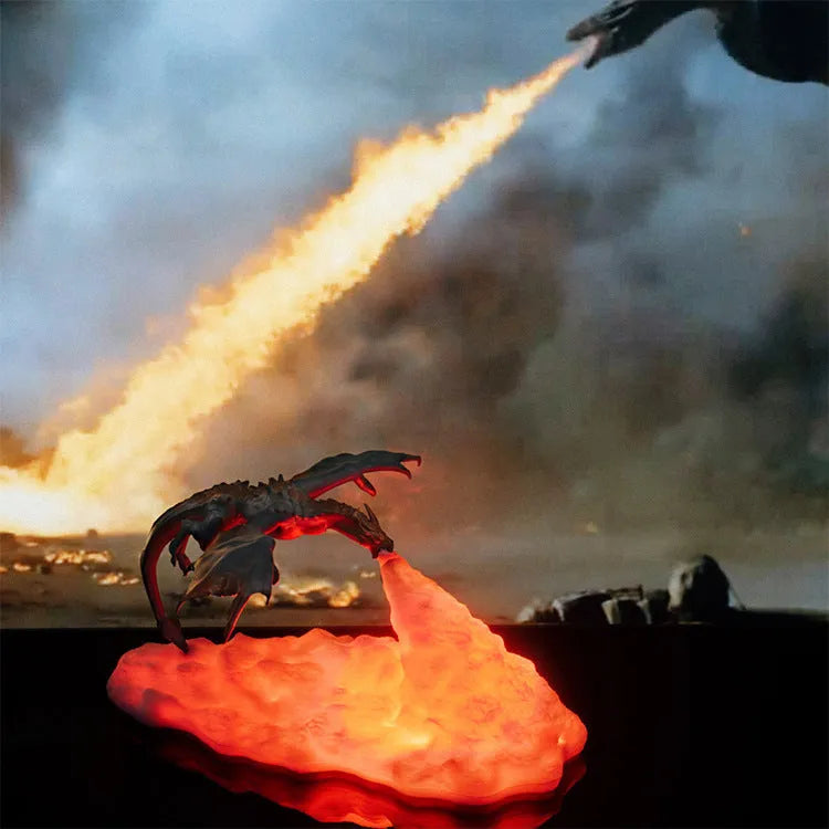 3D printed red dragon night light with fire-breathing LED glow on a dark surface
