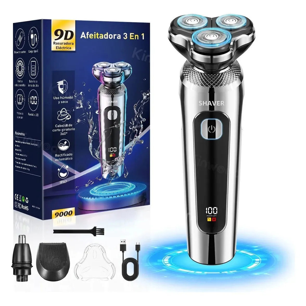 Digital display USB rechargeable beard trimmer with washable floating head on its five-in-one storage bracket.