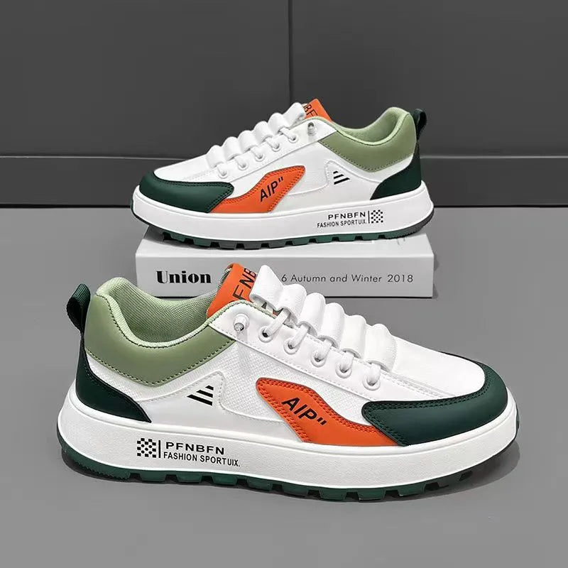 Men's casual shoes in white with black, brown or orange accents, round toe design, artificial PU upper