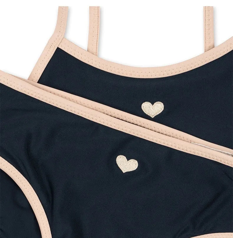 Dark blue baby split swimsuit for girls ages 1-6, high-elasticity polyester, sizes 90cm to 130cm