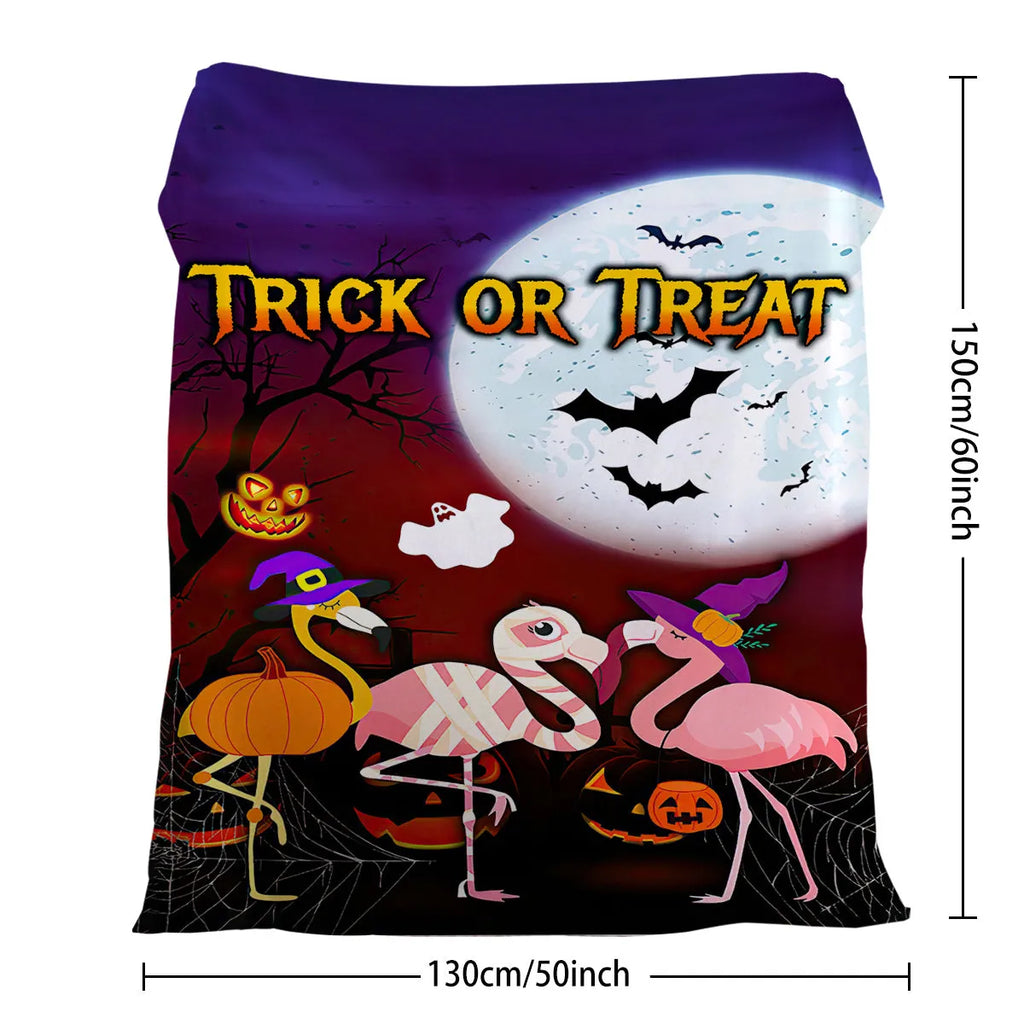 Purple flannel throw blanket with Halloween flamingo print, soft velvet texture, hemmed edges, available in multiple sizes