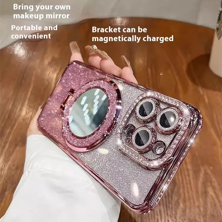 Gradient glitter TPU phone case with fold-out mirror bracket for iPhone, showing reflective electroplated finish