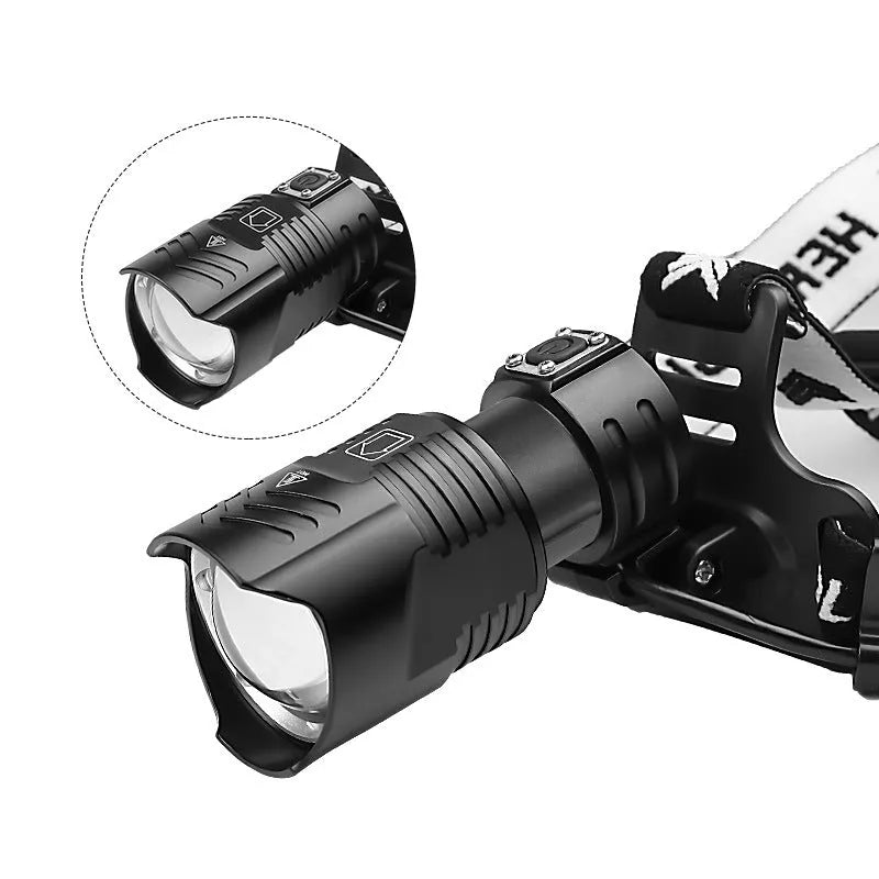 Black USB rechargeable telescopic zoom headlight with XHP 90 bulb on a table