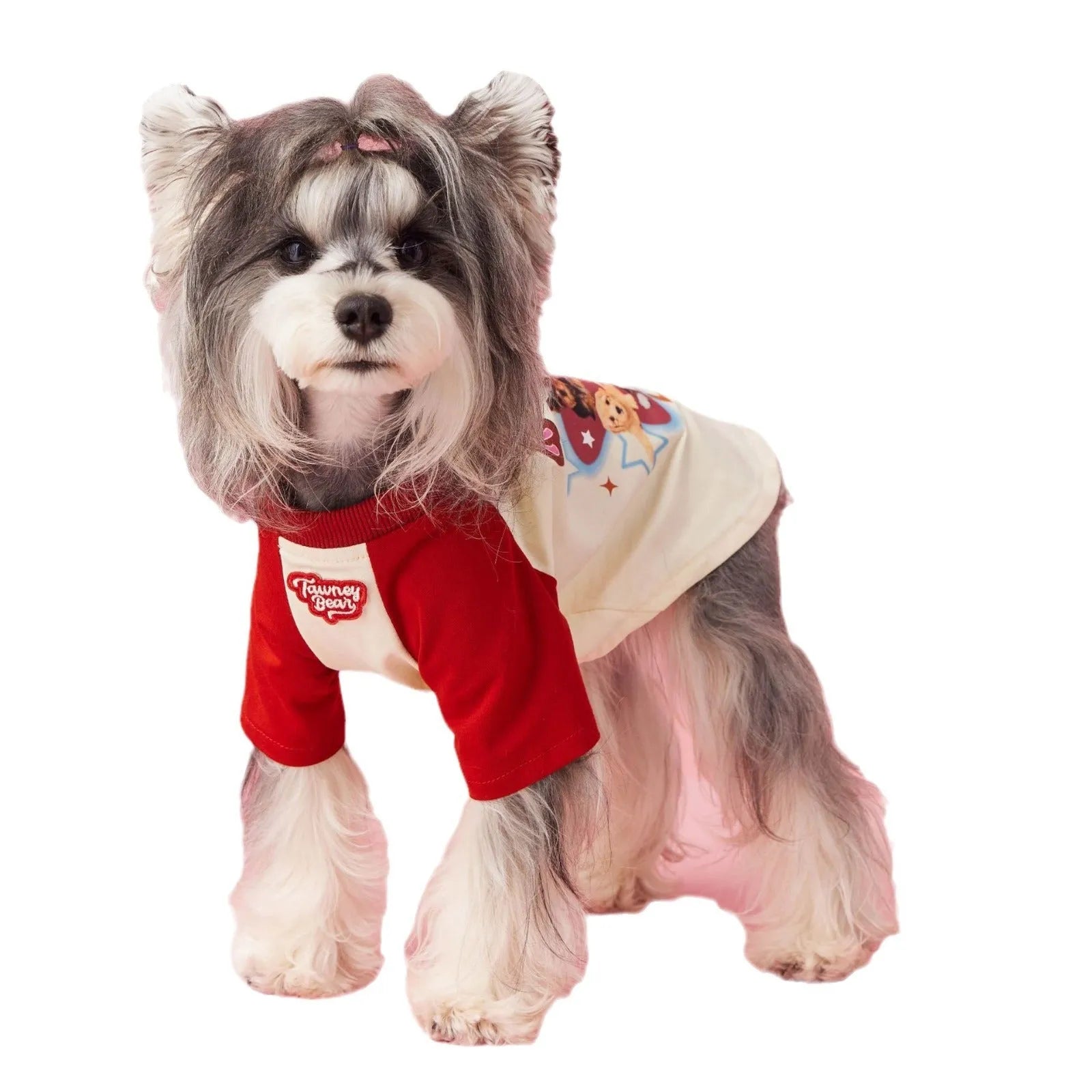 Cotton dog summer clothes in embroidered red and pink colours showing size range XS to XXL