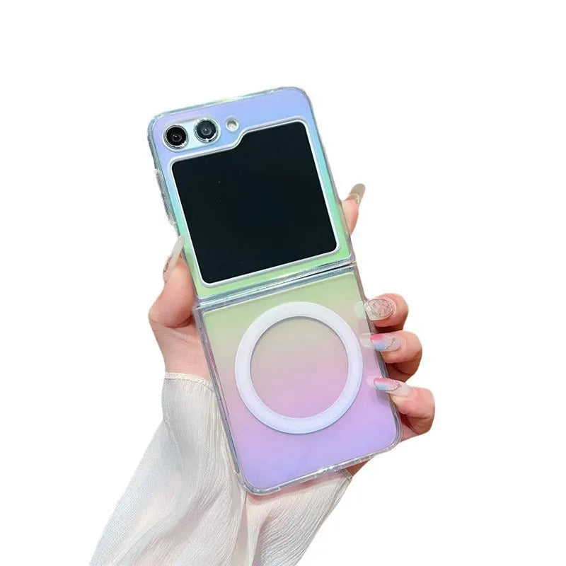 Colorful transparent acrylic magnetic phone case for Samsung Galaxy with drop-resistant protection and magnetic suction feature.