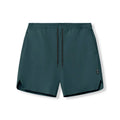 Men's quick-drying polyester sports shorts in knee length with multi-bag design, black colour, front view