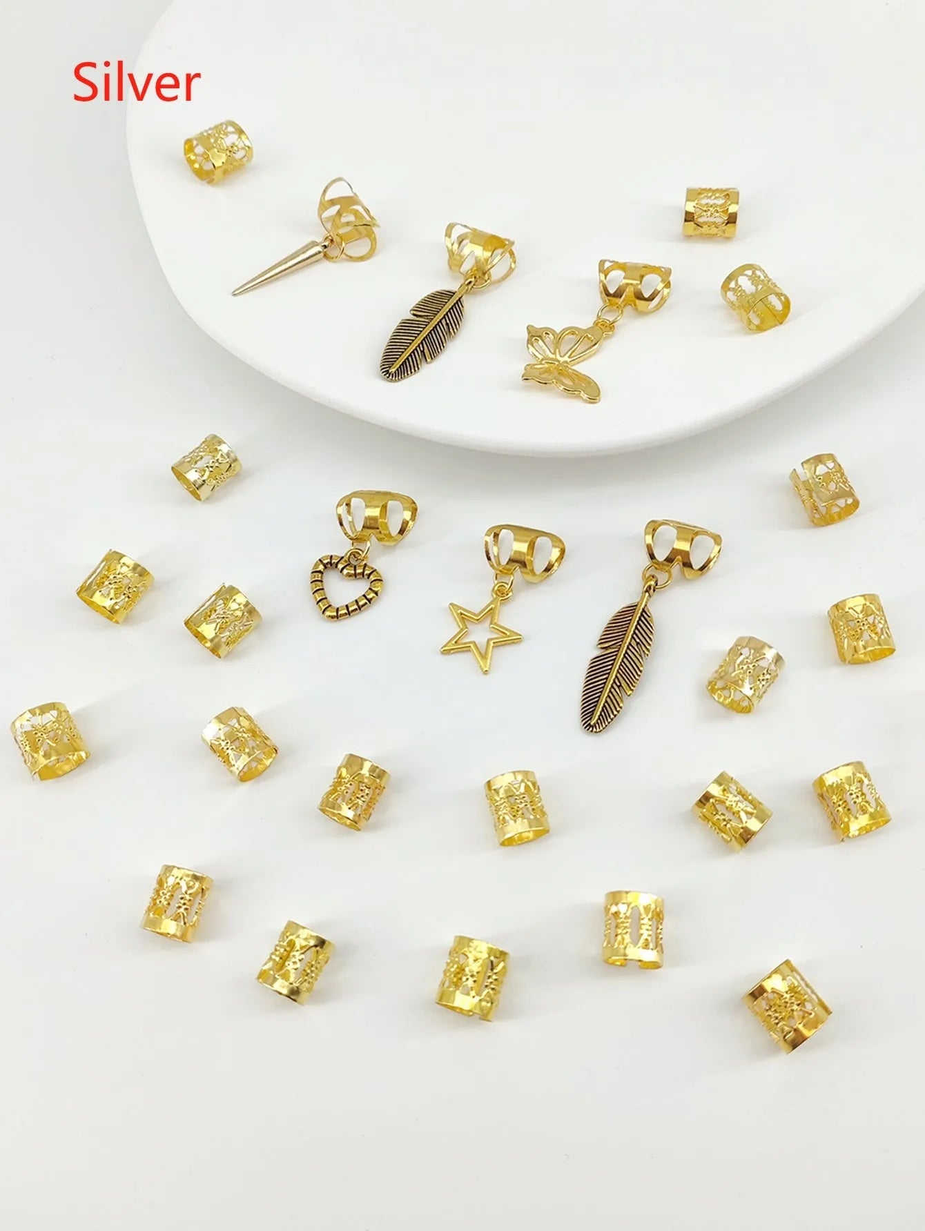 Gold antique-style leaves alloy dirty braid hair rings pack of 26 for hip hop hairstyles