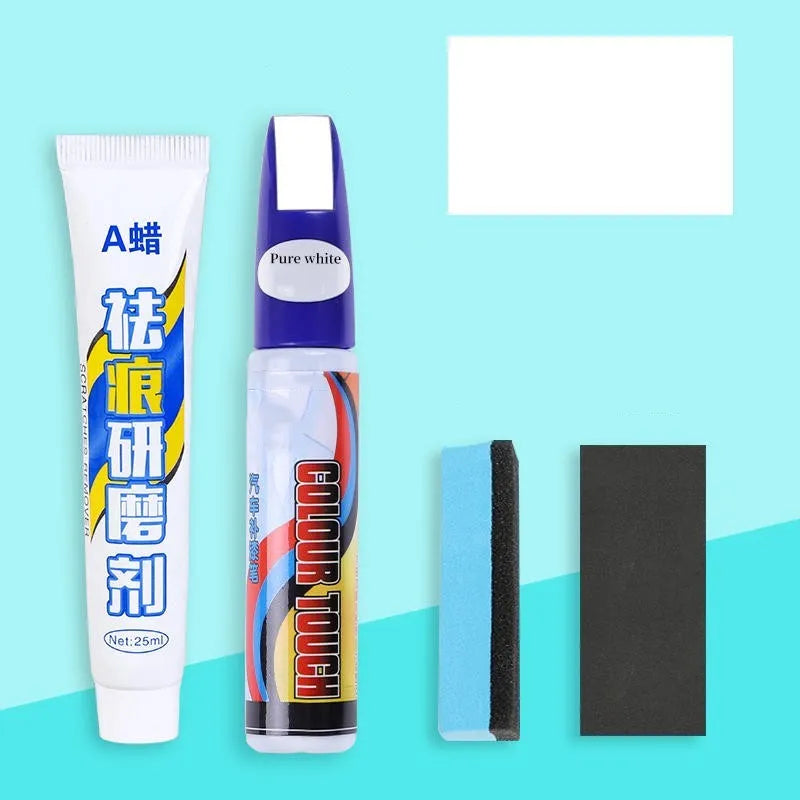 Automotive paint repair pen scratch repair fluid kit with paint pen, wax, sponge, and sandpaper.