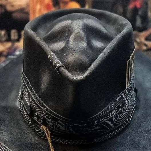 Wool felt conical crown skull hat with handmade Halloween design