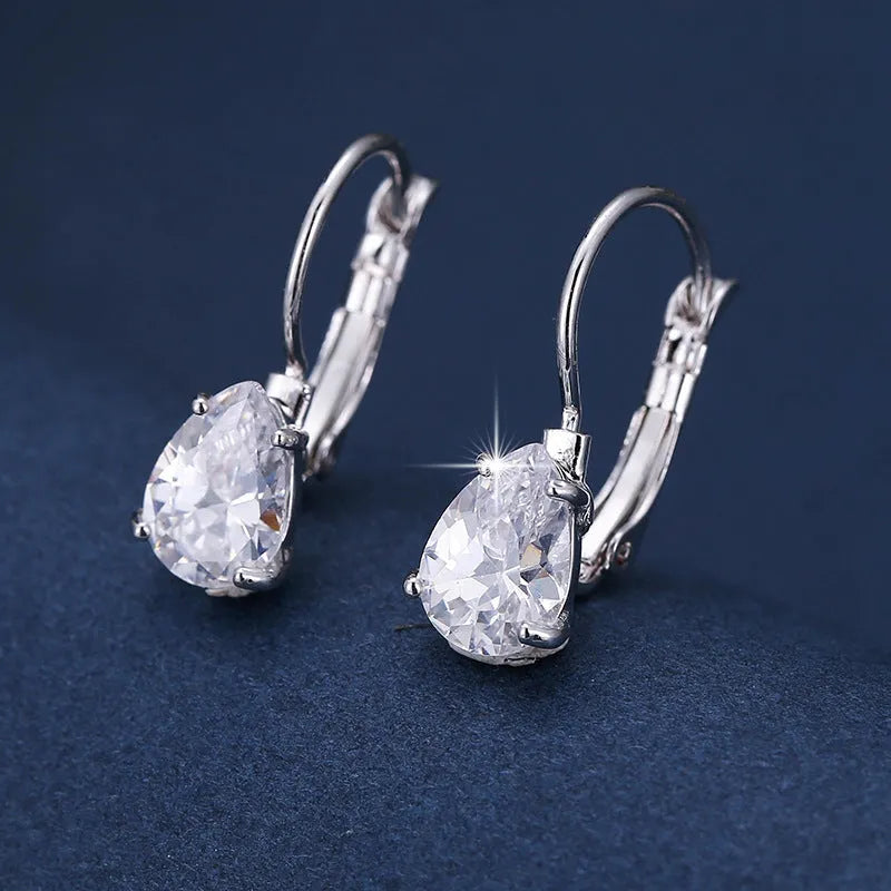 Drop-shaped women's fashion earrings with platinum inlaid gems in gold and platinum colour options