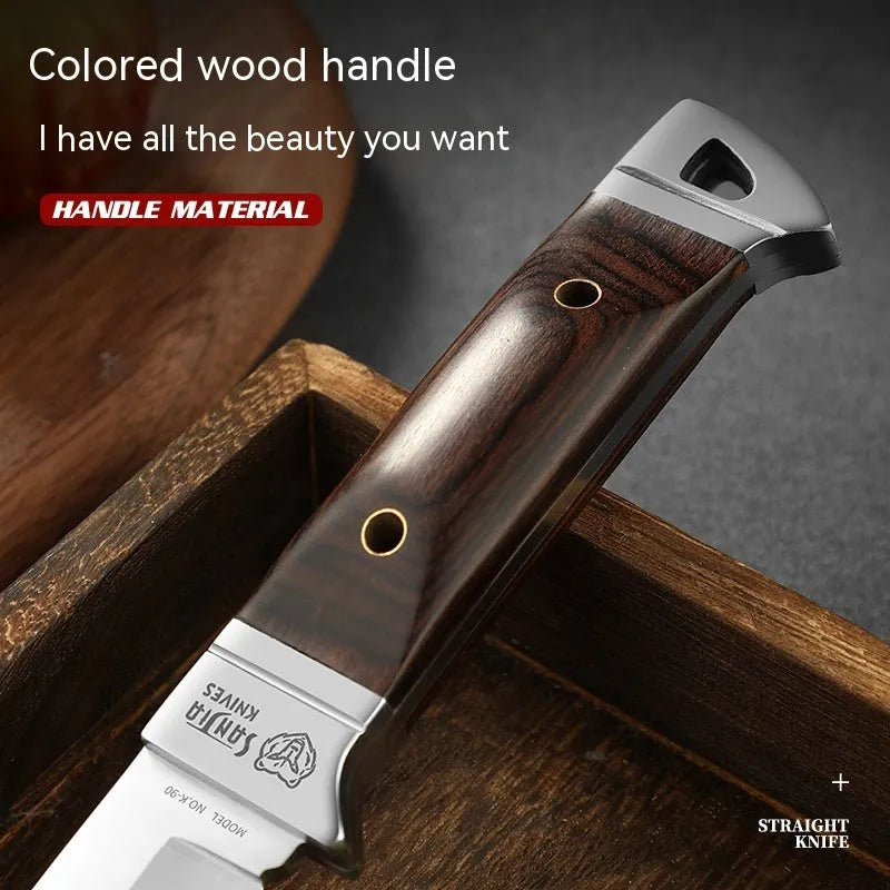 Camping portable fruit knife with stainless steel blade and leather sheath case
