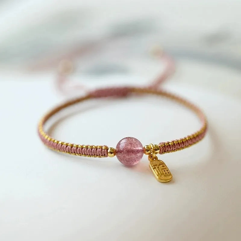 Red rope adjustable bracelet with Strawberry quartz style, unisex national tide design