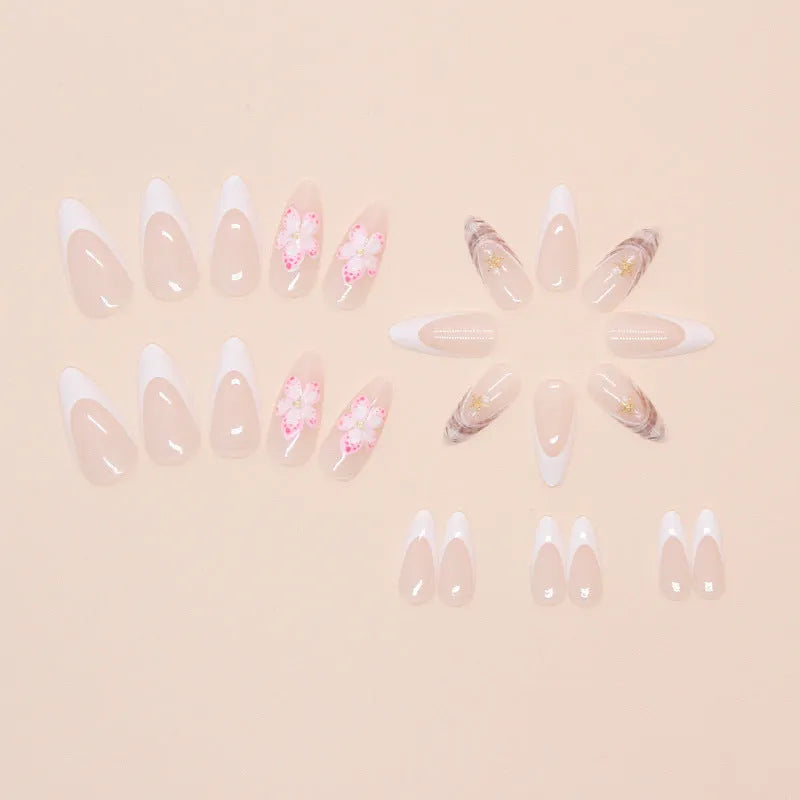French style false nails with floral rock pattern and W1764 simple flowers design
