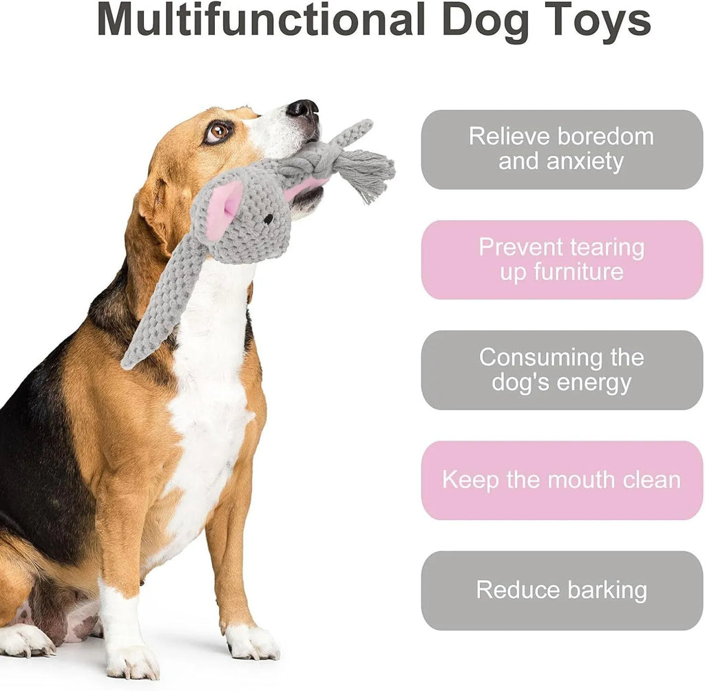 Plush dog squeaker toy with crinkle paper and cotton rope in animal shapes for small to medium dogs