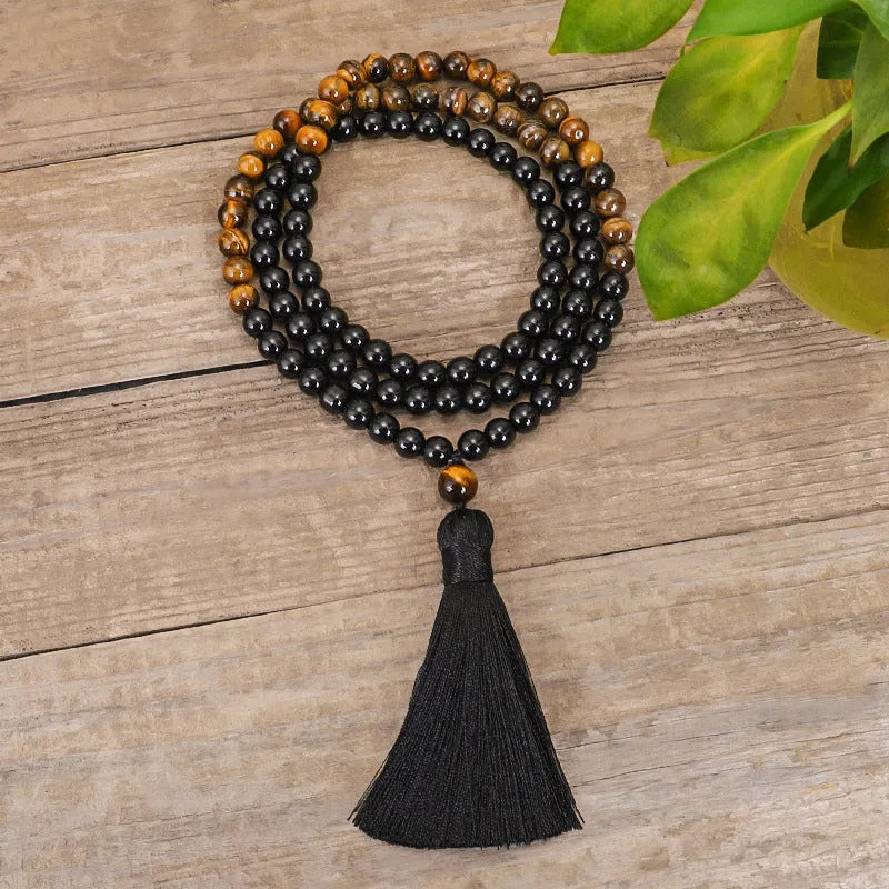 Handmade tiger eye stone tassel pendant necklace bracelet set on ball bead chain unisex drop shape national style