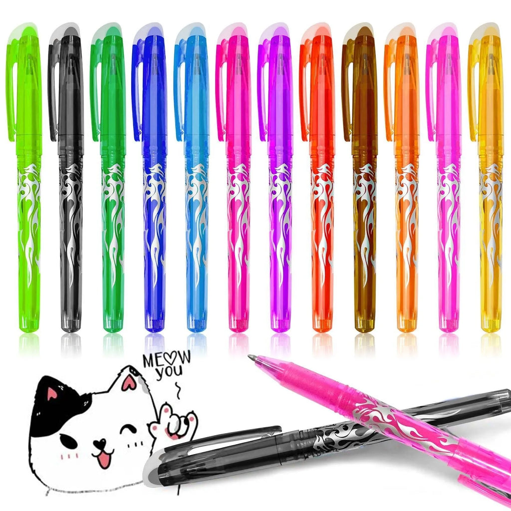 Set of multi-colour heat-erasable gel pens with plastic bodies and stainless steel nibs.