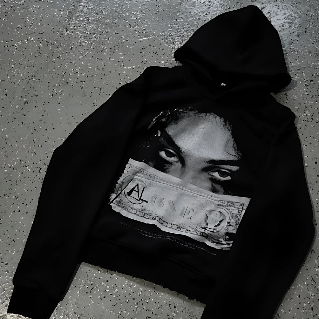 Women's loose fit black polyester hoodie with personalised dark printed design
