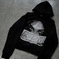 Women's loose fit black polyester hoodie with personalised dark printed design