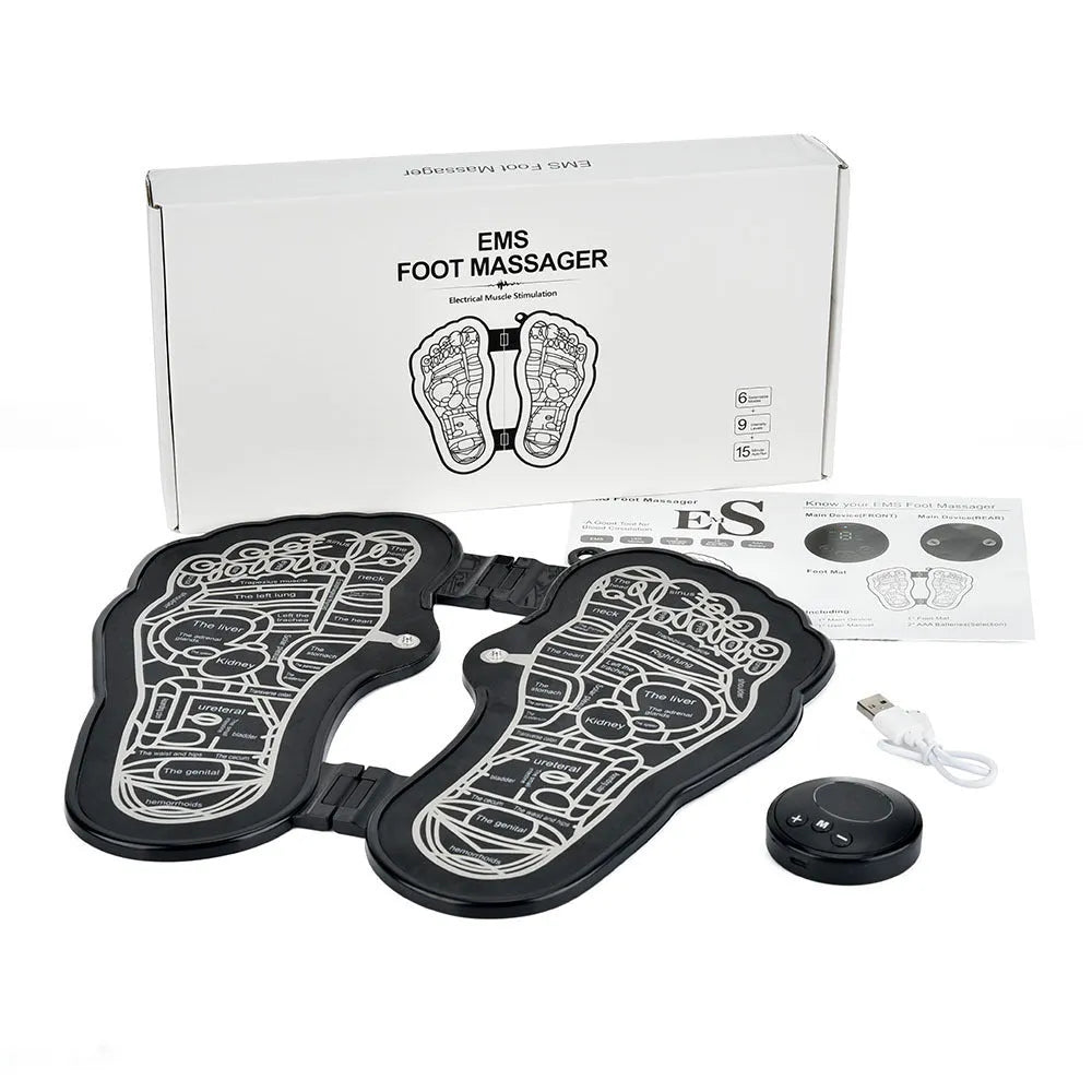 Black rechargeable foldable EMS foot massager pad with control host on floor