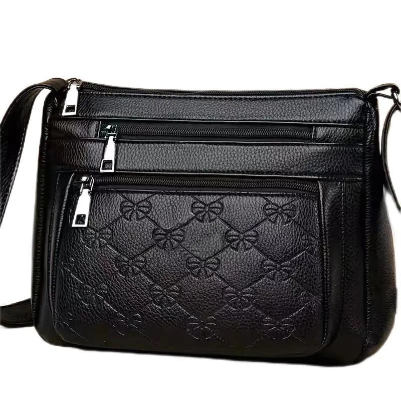 Butterfly black PU horizontal square crossbody bag with sewing thread details and slit pocket