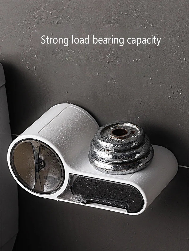 White plastic streamline curved toilet roll holder with no-punching installation on bathroom wall
