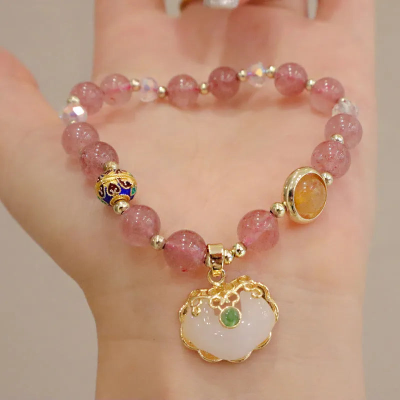 Women's jade geometric bracelet with metal ethnic decoration in Gray Jade and Strawberry Quartz