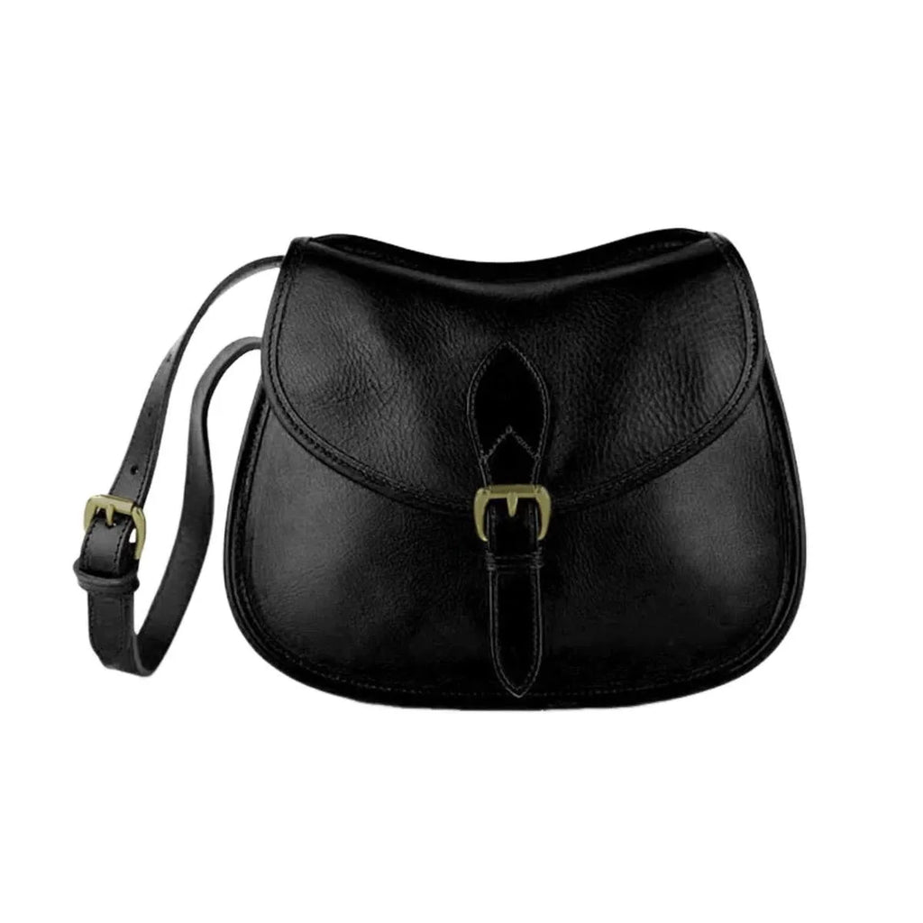 Genuine leather messenger bag in brown, soft shell shape with flap closure and visible sewing detail