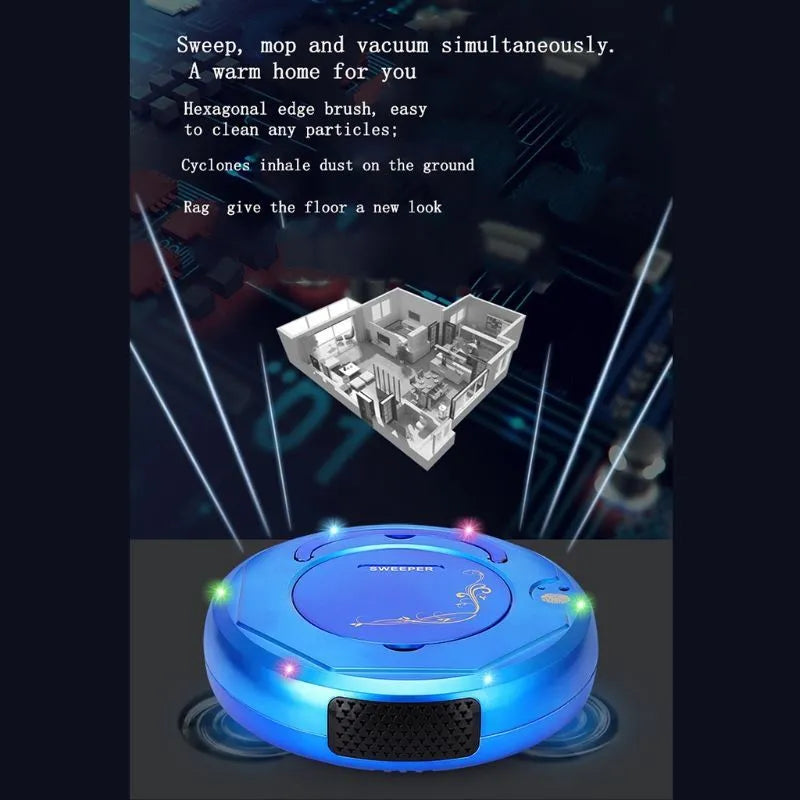 Lazy Smart floor sweeping robot vacuum cleaner in black, blue, or white colour on hard flooring.