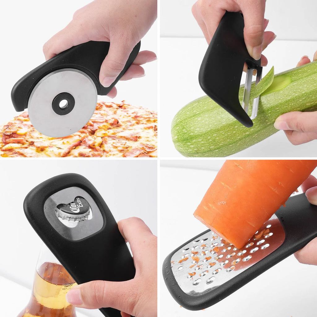 6 stackable kitchen gadgets with PP handles and stainless steel parts in a colour box