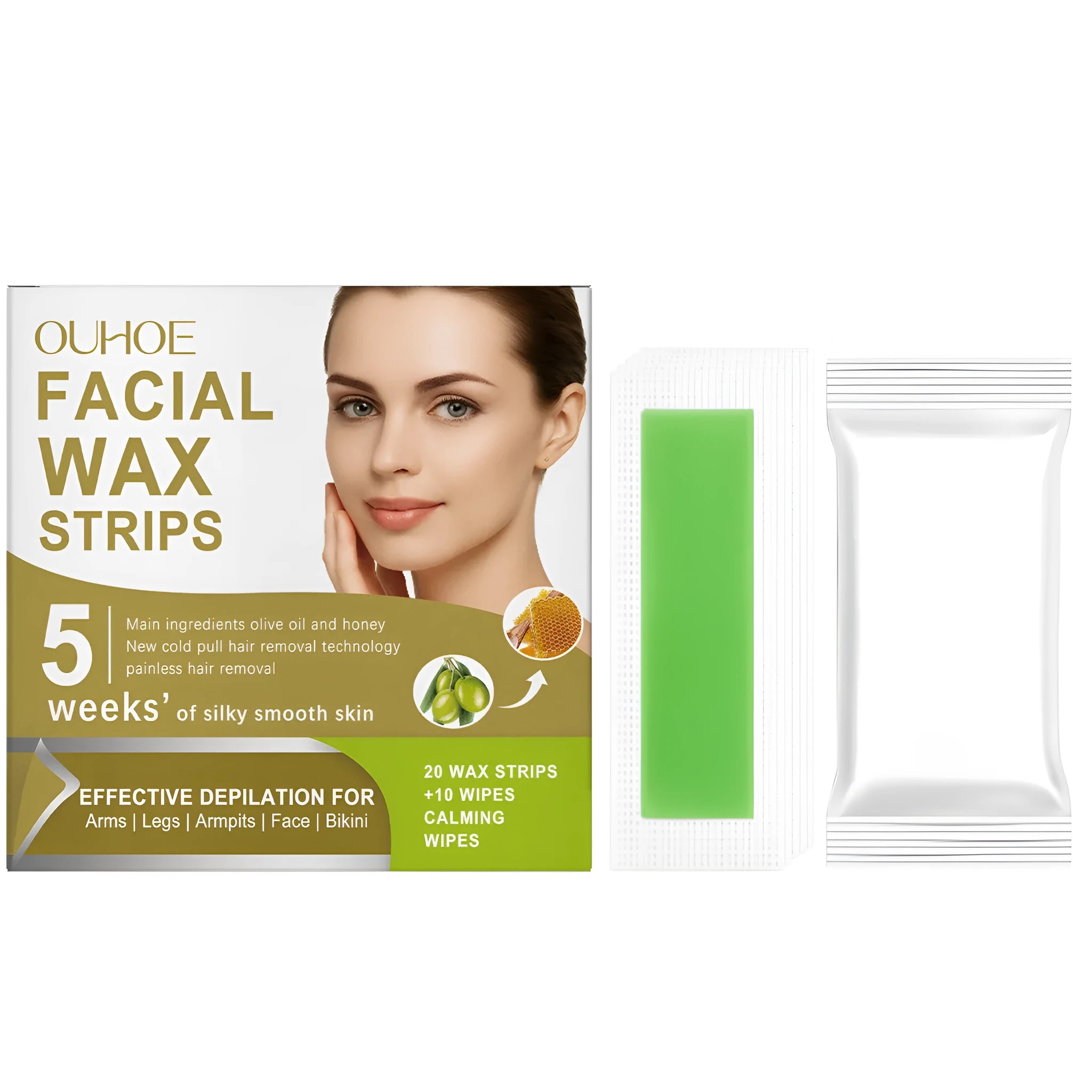 Pack of gentle facial hair removal wax paper with natural beeswax and jojoba oil, 20 sheets
