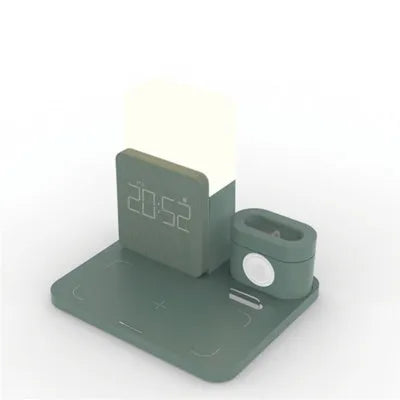 3-in-1 wireless charging stand in black showing slots for smartphone, smartwatch and earbuds case