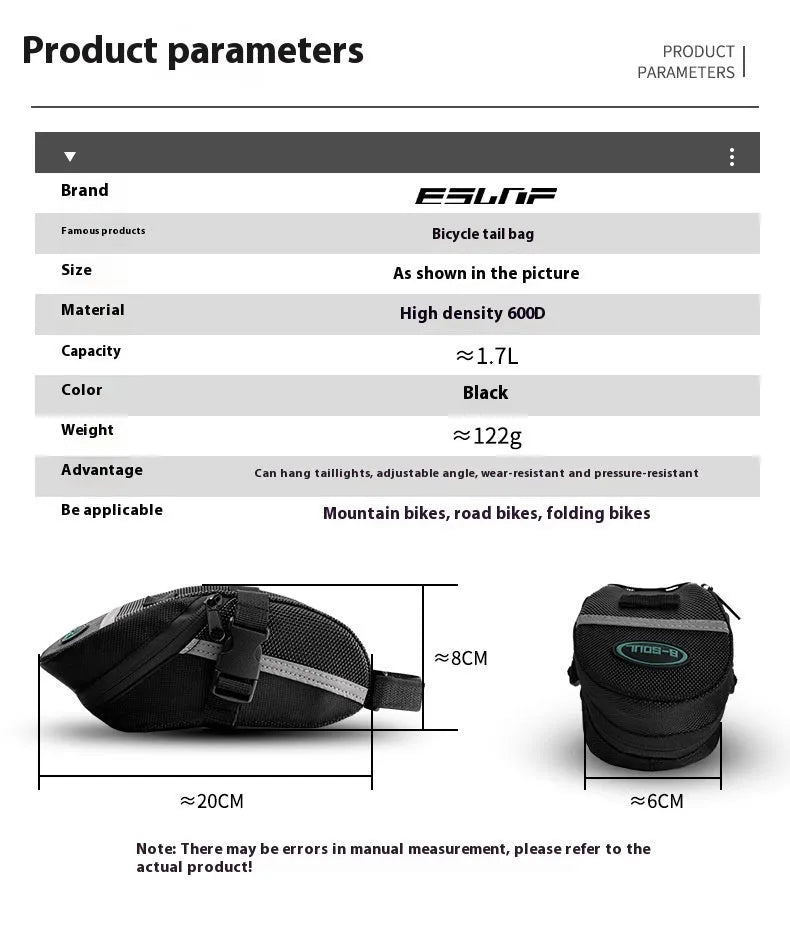 Black polyester cycling quick release tail bag 20x8x6cm for mountain bike saddle storage with padding