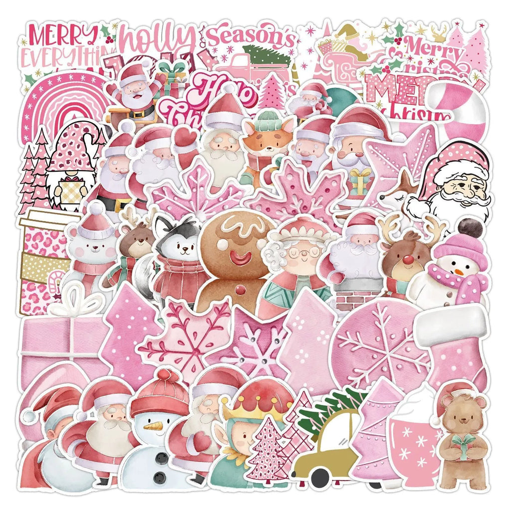 50 Christmas waterproof stickers pack showing cute designs for car phone computer decoration