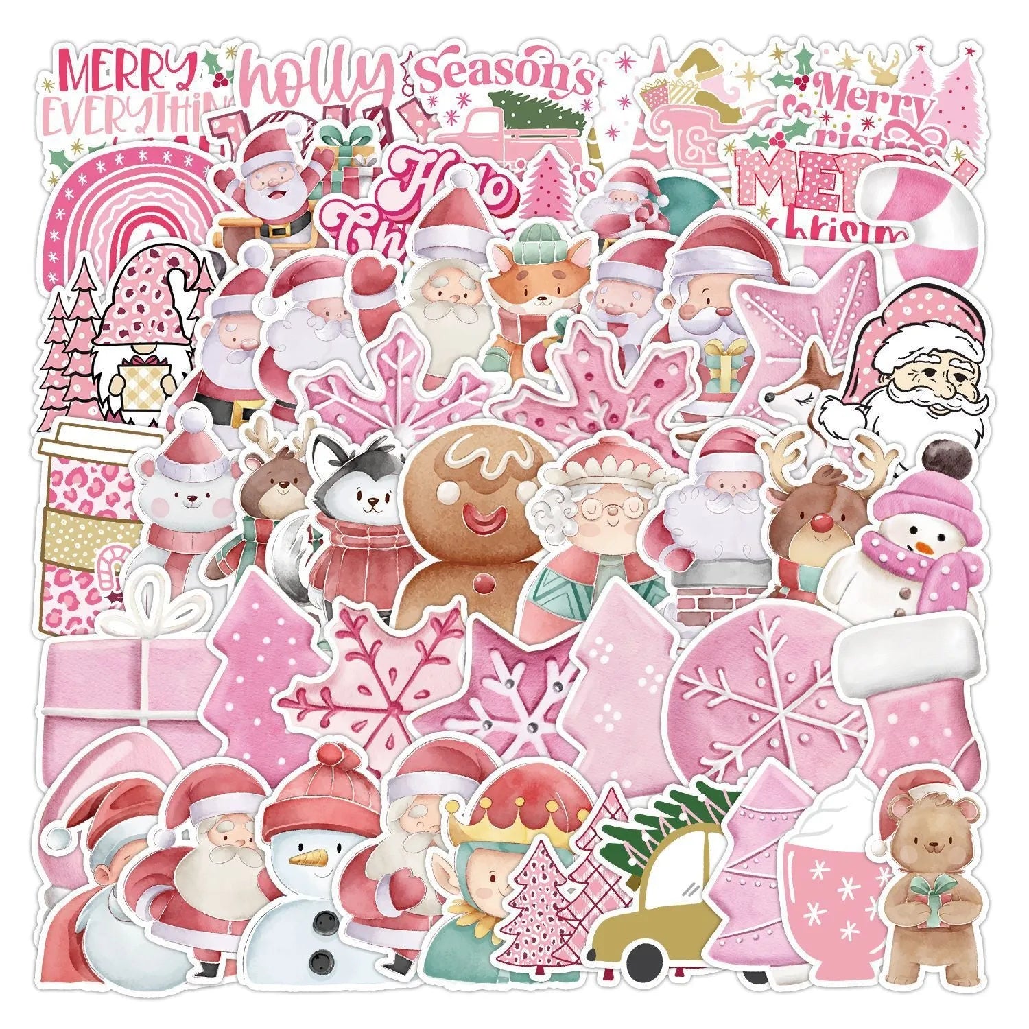 50 Christmas waterproof stickers pack showing cute designs for car phone computer decoration