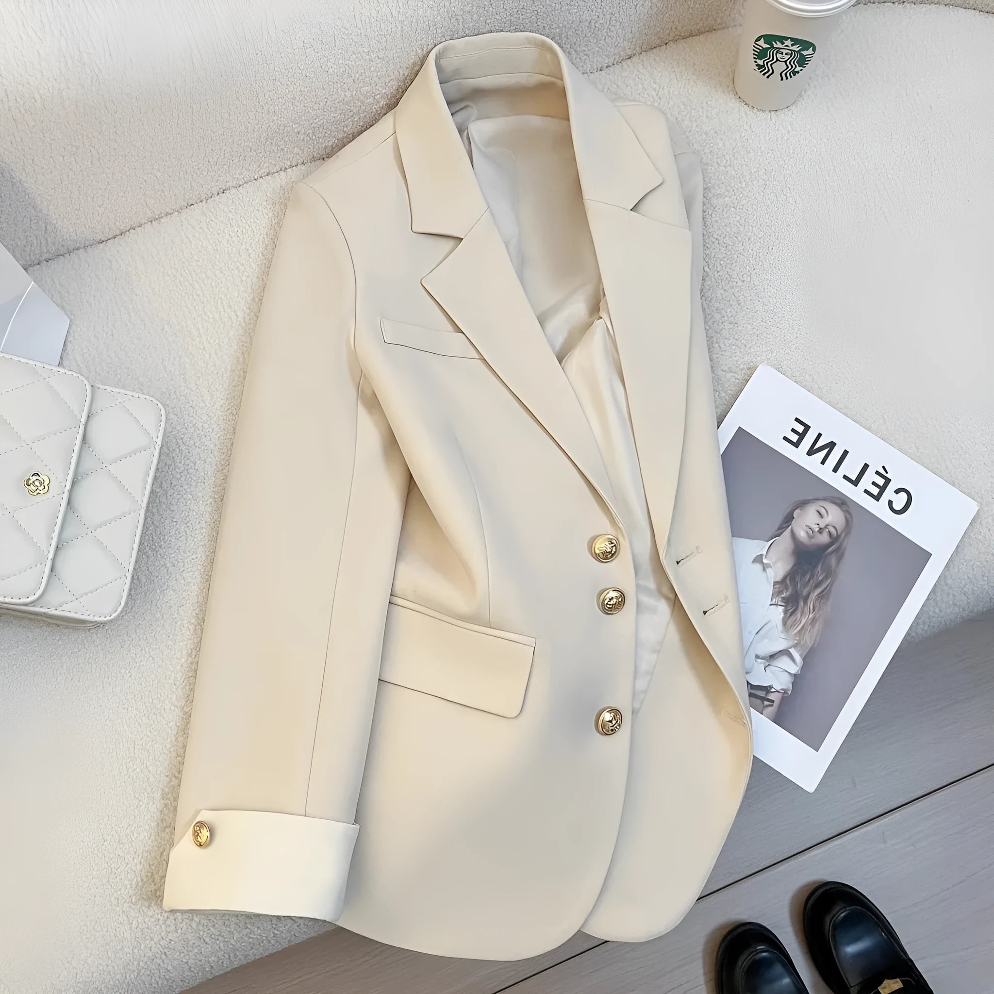 Women's milky white loose-fit mid-length polyester coat with pockets, Korean style.