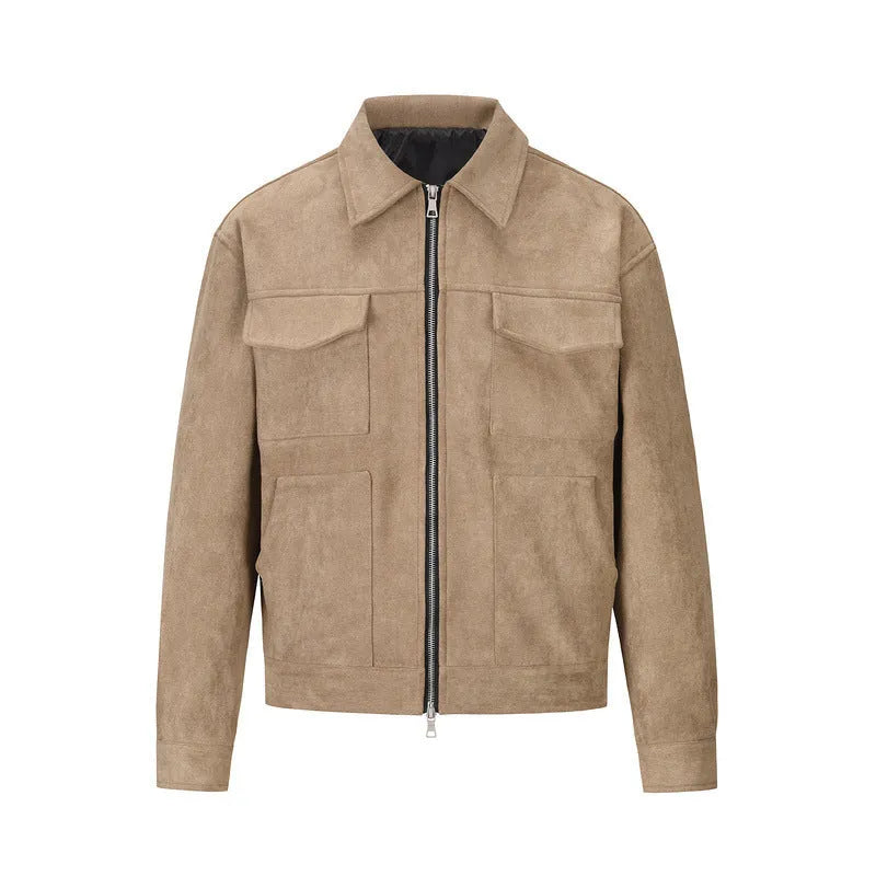 Thickened zipper big pocket jacket coat slim fit long sleeve straight hem polyester lining camel black dark gray