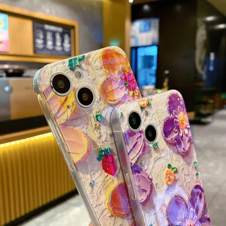 Soft rubber phone case with oil painting flower pattern, blue light, and inlaid diamond drop glue in yellow for iPhone