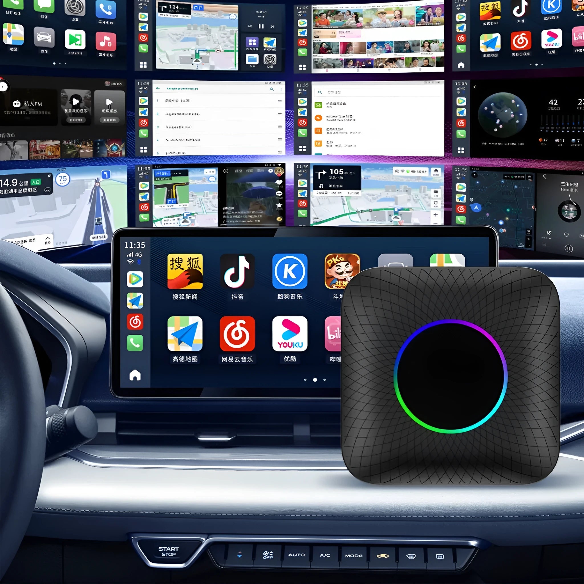 Tbox-Led Wireless Carplay Moxibustion Box Android 13 adapter 78.6x78.6x18.5mm for wired CarPlay cars