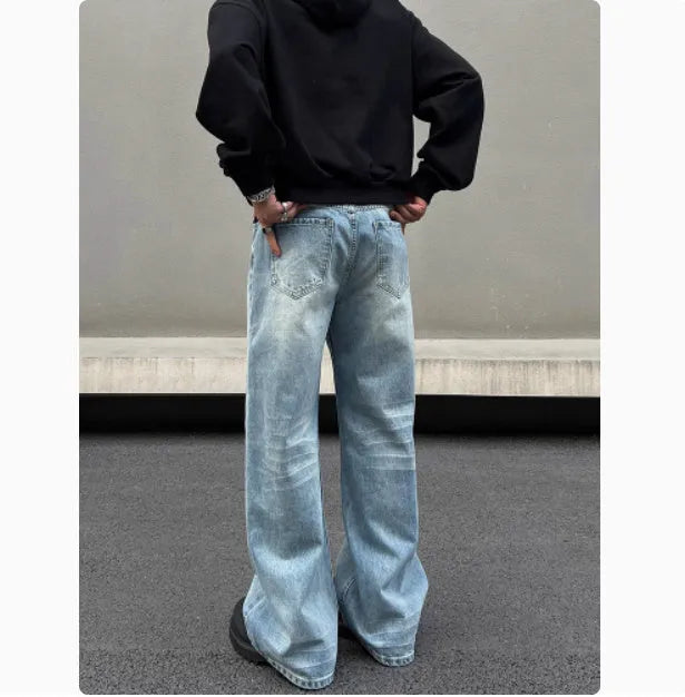 Men's retro blue whisker washed straight jeans with medium-high waist and visible stitching
