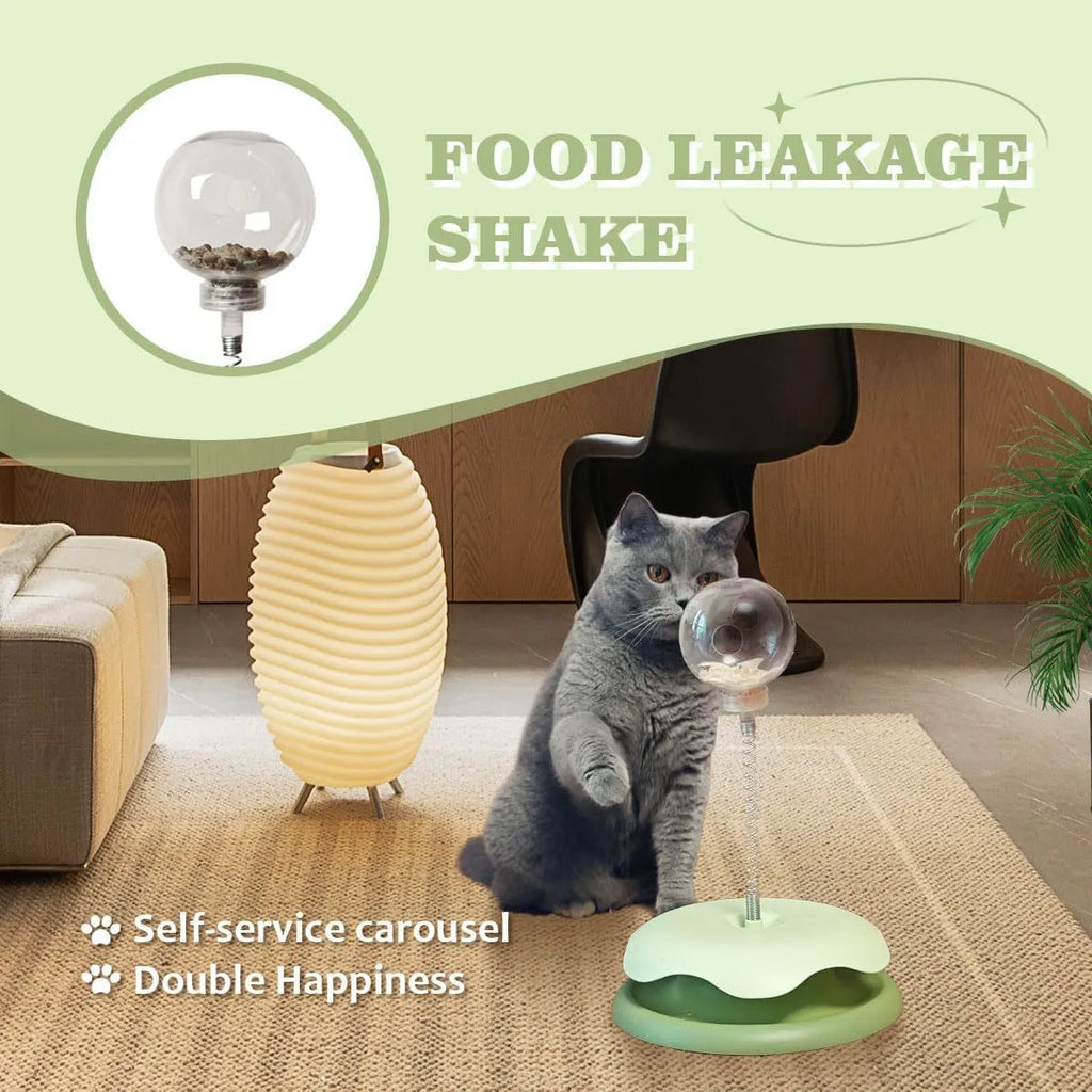 Blue and green PP plastic cat treat dispenser toy with track ball showing detachable components