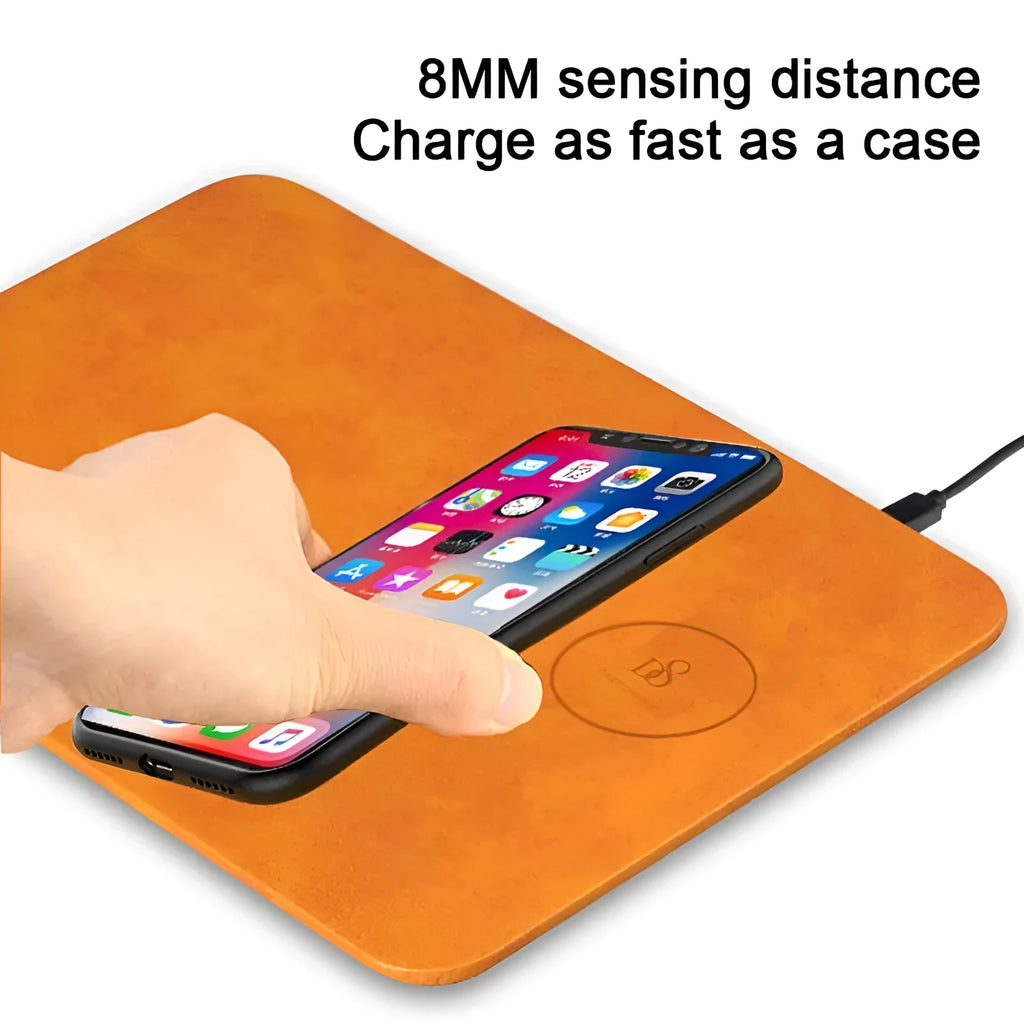 Brown leather wireless charging mouse pad with Qi fast charge capability for computer desks
