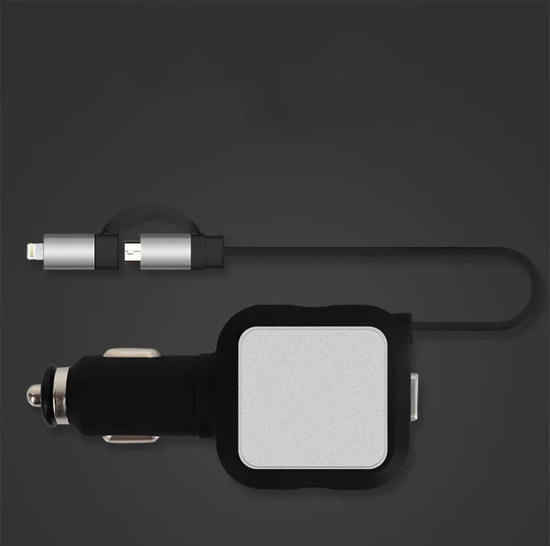 2 in 1 Dual USB car charger with retractable cable for mobile phones, Black/Silver