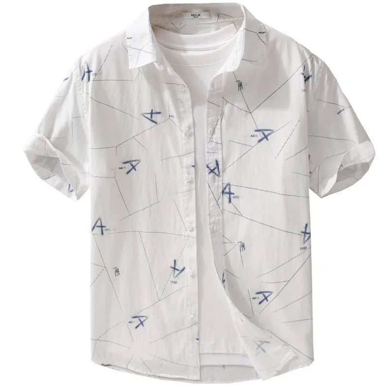 Letter printed short sleeve shirt in pure cotton, loose cardigan style, available in white, light pink, light green, sizes M to 3XL