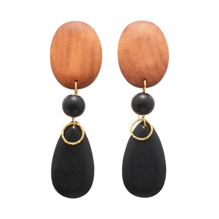 Handcrafted wooden ellipse earrings with silver needle-brown-black colouring in European retro style
