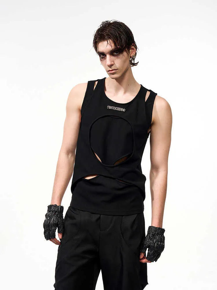 Men's black and white sleeveless waistcoat with hollow thread design and round neck